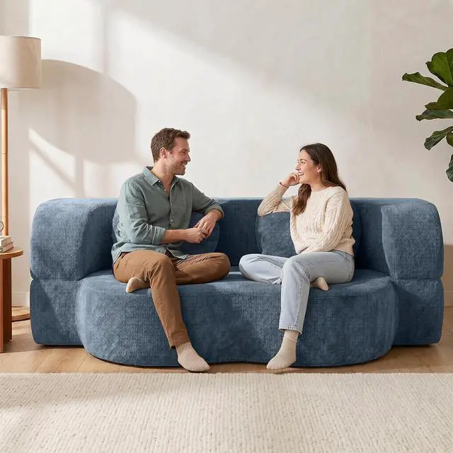 Alt view image 4 of 7 - 77 Convertible Sofa Bed, Folding Boneless Couch, Floor Sofa 2-in-1 Curved Couch for Small Living Room, Apartment, Guest Room, Blue