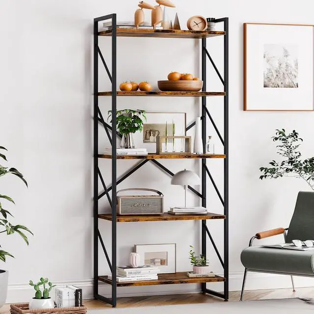 Alt view image 5 of 7 - 5 Tier Bookshelf, Modern Industrial Bookcase with Metal Frame | 62 Tall Display Shelf, Free Standing Storage Organizer for Home Office, Living Room, Bedroom, Rustic Brown