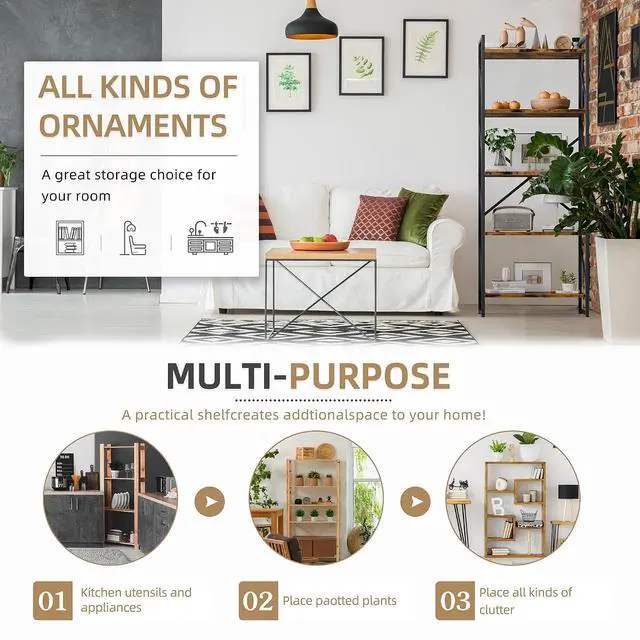 Alt view image 6 of 7 - 5 Tier Bookshelf, Modern Industrial Bookcase with Metal Frame | 62 Tall Display Shelf, Free Standing Storage Organizer for Home Office, Living Room, Bedroom, Rustic Brown