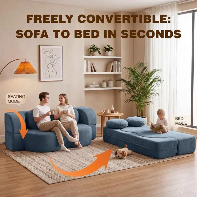Alt view image 6 of 7 - 77 Convertible Sofa Bed, Folding Boneless Couch, Floor Sofa 2-in-1 Curved Couch for Small Living Room, Apartment, Guest Room, Blue