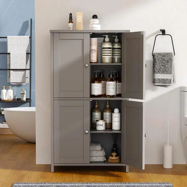 Alt view image 2 of 7 - Bathroom Storage Cabinet, Small Bathroom Floor Cabinet with 4 Doors and Adjustable Shelves, Freestanding Modern Cabinet for Bathroom, Kitchen, Living Room, Entryway, Grey