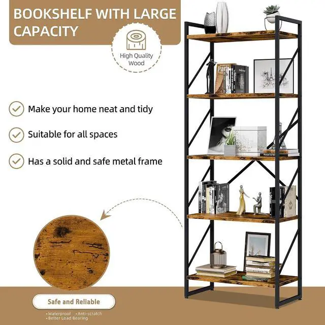 Alt view image 7 of 7 - 5 Tier Bookshelf, Modern Industrial Bookcase with Metal Frame | 62 Tall Display Shelf, Free Standing Storage Organizer for Home Office, Living Room, Bedroom, Rustic Brown