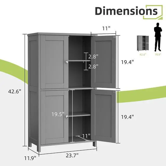 Alt view image 3 of 7 - Bathroom Storage Cabinet, Small Bathroom Floor Cabinet with 4 Doors and Adjustable Shelves, Freestanding Modern Cabinet for Bathroom, Kitchen, Living Room, Entryway, Grey