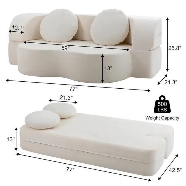 Alt view image 2 of 7 - 77 Convertible Sofa Bed, Folding Boneless Couch, Floor Sofa 2-in-1 Curved Couch for Small Living Room, Apartment, Guest Room, White