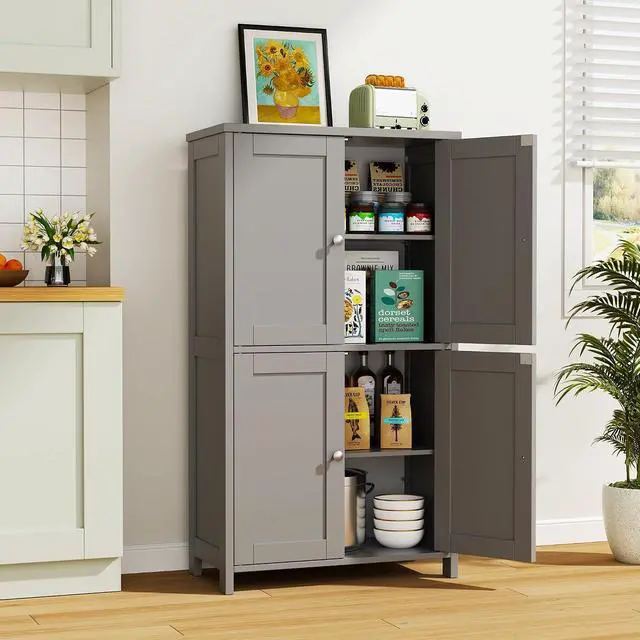 Alt view image 4 of 7 - Bathroom Storage Cabinet, Small Bathroom Floor Cabinet with 4 Doors and Adjustable Shelves, Freestanding Modern Cabinet for Bathroom, Kitchen, Living Room, Entryway, Grey