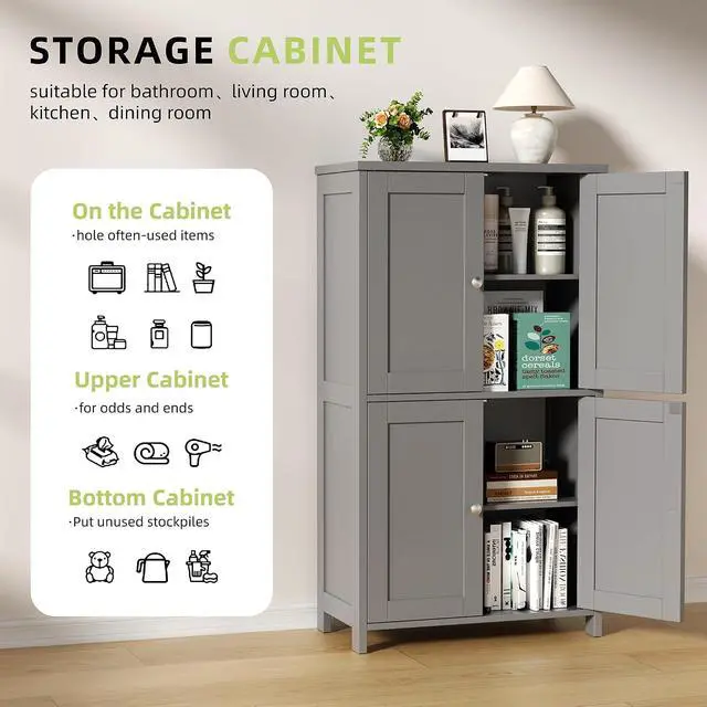 Alt view image 5 of 7 - Bathroom Storage Cabinet, Small Bathroom Floor Cabinet with 4 Doors and Adjustable Shelves, Freestanding Modern Cabinet for Bathroom, Kitchen, Living Room, Entryway, Grey