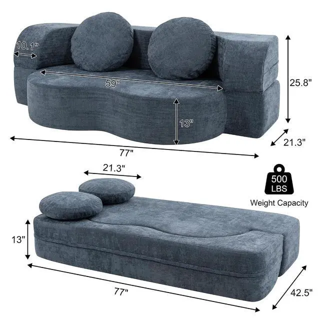 Alt view image 2 of 7 - 77 Convertible Sofa Bed, Folding Boneless Couch, Floor Sofa 2-in-1 Curved Couch for Small Living Room, Apartment, Guest Room, Blue