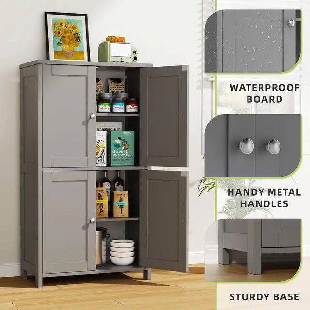 Alt view image 7 of 7 - Bathroom Storage Cabinet, Small Bathroom Floor Cabinet with 4 Doors and Adjustable Shelves, Freestanding Modern Cabinet for Bathroom, Kitchen, Living Room, Entryway, Grey