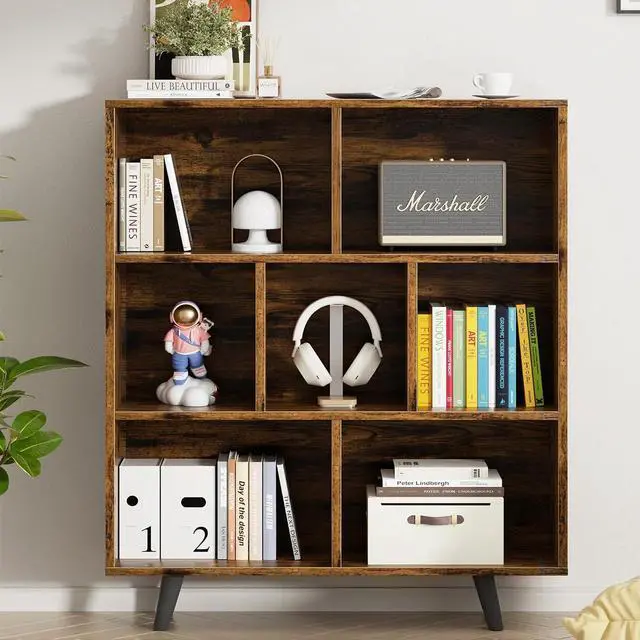 Main image of 7 Cube Bookshelf, 3 Tier Mid-Century Modern Bookcase with Legs, Wooden Bookshelf Storage Organizer Display Bookcase for Bedroom, Living Room, Office, Rustic Brown