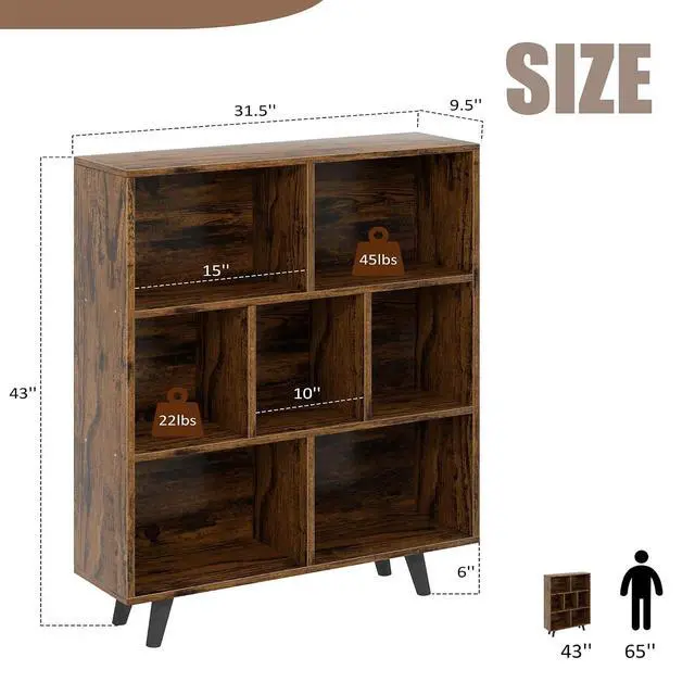 Alt view image 2 of 7 - 7 Cube Bookshelf, 3 Tier Mid-Century Modern Bookcase with Legs, Wooden Bookshelf Storage Organizer Display Bookcase for Bedroom, Living Room, Office, Rustic Brown