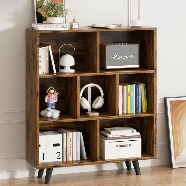 Alt view image 3 of 7 - 7 Cube Bookshelf, 3 Tier Mid-Century Modern Bookcase with Legs, Wooden Bookshelf Storage Organizer Display Bookcase for Bedroom, Living Room, Office, Rustic Brown