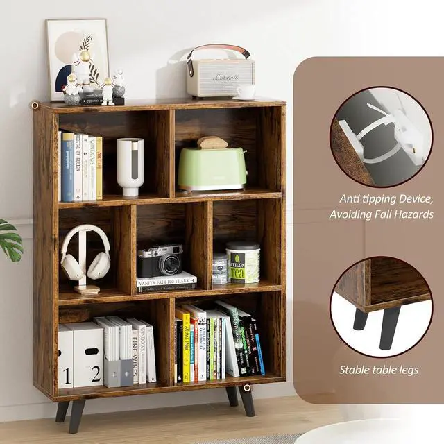 Alt view image 4 of 7 - 7 Cube Bookshelf, 3 Tier Mid-Century Modern Bookcase with Legs, Wooden Bookshelf Storage Organizer Display Bookcase for Bedroom, Living Room, Office, Rustic Brown