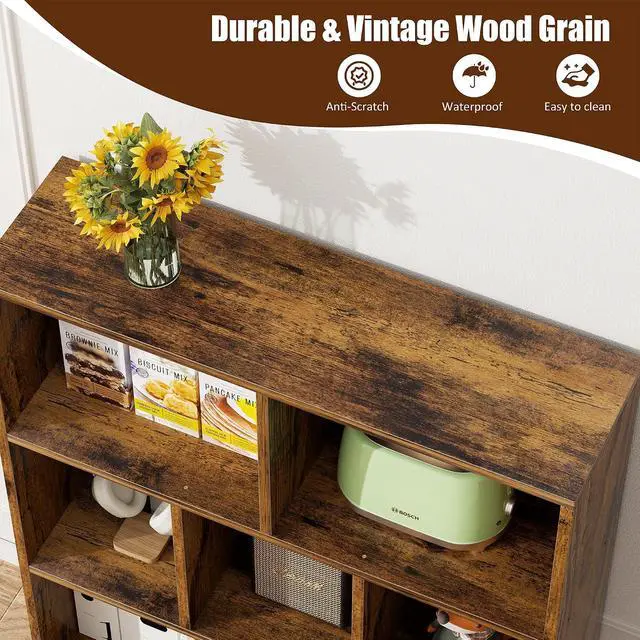 Alt view image 5 of 7 - 7 Cube Bookshelf, 3 Tier Mid-Century Modern Bookcase with Legs, Wooden Bookshelf Storage Organizer Display Bookcase for Bedroom, Living Room, Office, Rustic Brown