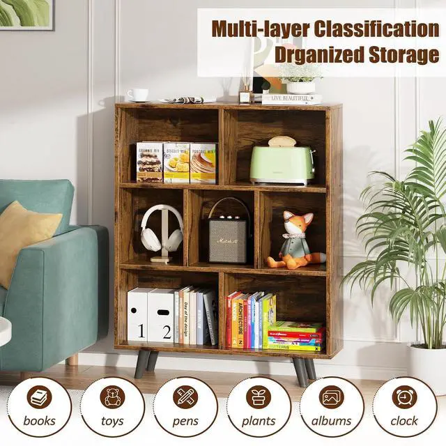 Alt view image 6 of 7 - 7 Cube Bookshelf, 3 Tier Mid-Century Modern Bookcase with Legs, Wooden Bookshelf Storage Organizer Display Bookcase for Bedroom, Living Room, Office, Rustic Brown