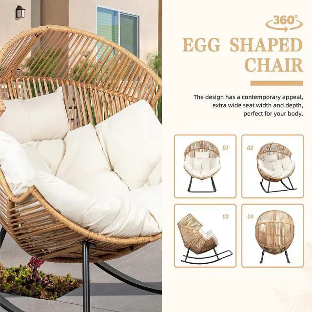 Alt view image 6 of 7 - Wicker Egg Chair PE Rattan Rocking Chair with Cushion, Oversized Patio Lounge Rocker Chair for Outdoor, Indoor, Balcony, Backyard, Garden, Beige