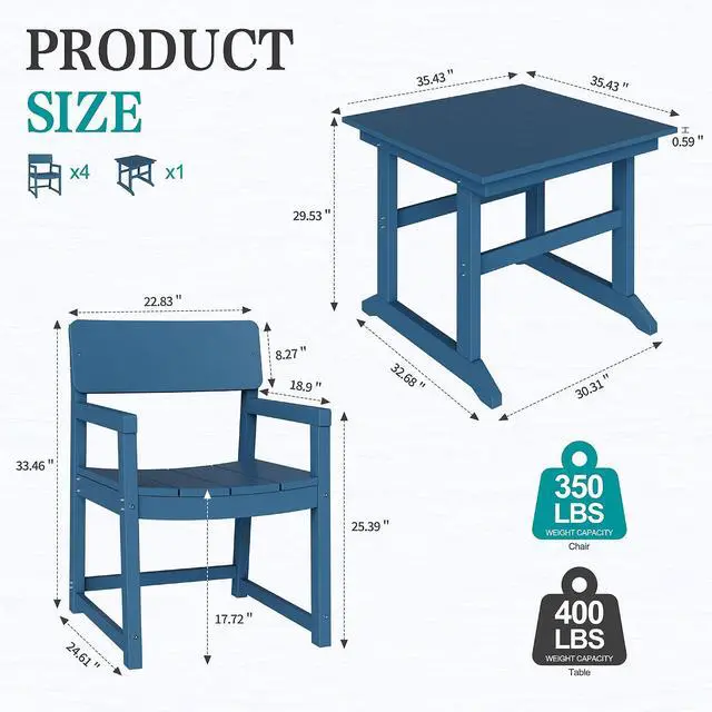 Alt view image 2 of 7 - 5 Pieces Patio Dining Set, All Weather Outdoor HDPE Dining Furniture Set with Table and Chairs for 4, Garden Patio Furniture Set for Lawn, Backyard, Poolside, Blue