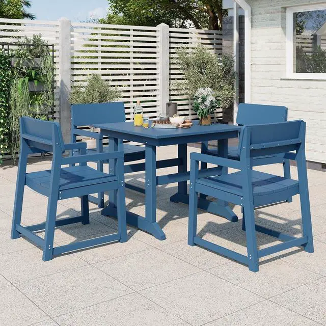 Alt view image 3 of 7 - 5 Pieces Patio Dining Set, All Weather Outdoor HDPE Dining Furniture Set with Table and Chairs for 4, Garden Patio Furniture Set for Lawn, Backyard, Poolside, Blue