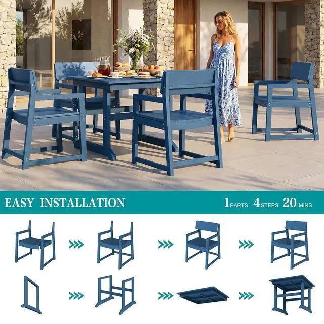 Alt view image 7 of 7 - 5 Pieces Patio Dining Set, All Weather Outdoor HDPE Dining Furniture Set with Table and Chairs for 4, Garden Patio Furniture Set for Lawn, Backyard, Poolside, Blue
