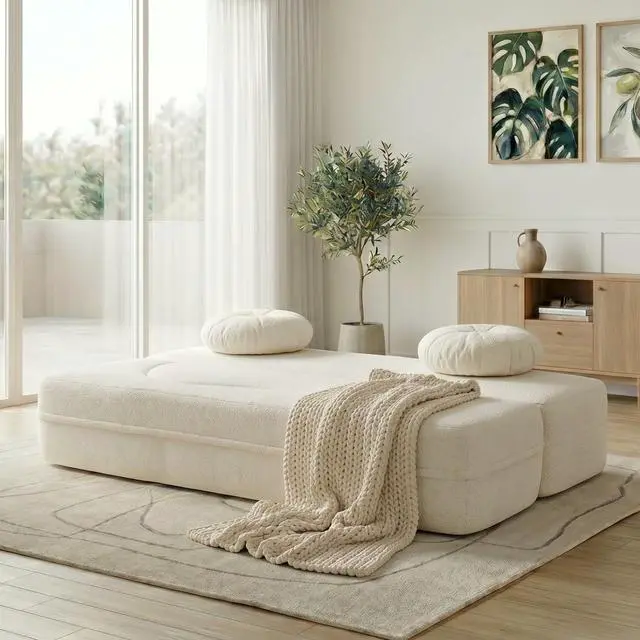 Alt view image 3 of 7 - 77 Convertible Sofa Bed, Folding Boneless Couch, Floor Sofa 2-in-1 Curved Couch for Small Living Room, Apartment, Guest Room, White
