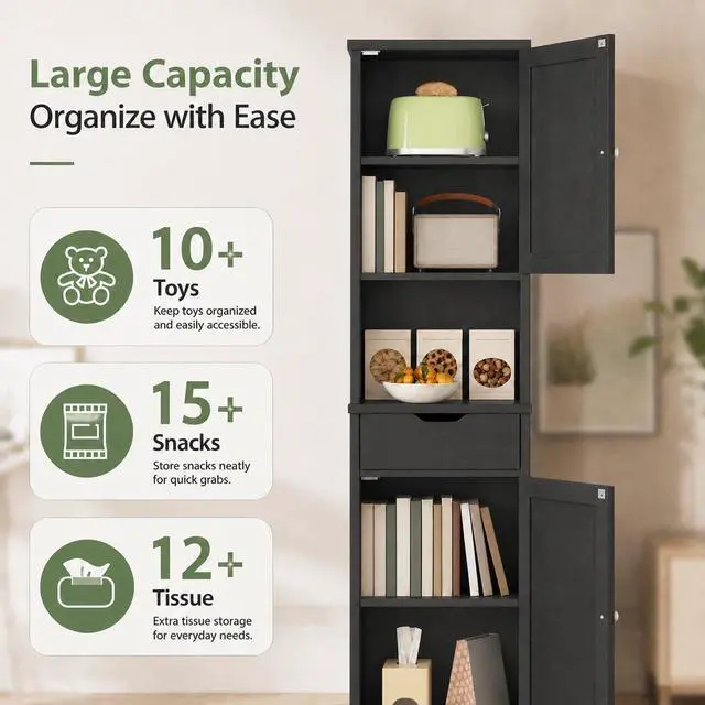 Alt view image 3 of 7 - Tall Bathroom Storage Cabinet with Freestanding Adjustable Shelves, Narrow Storage Linen Cabinet with 2 Doors and 1 Drawer for Bathroom, Living Room, Kitchen, Black