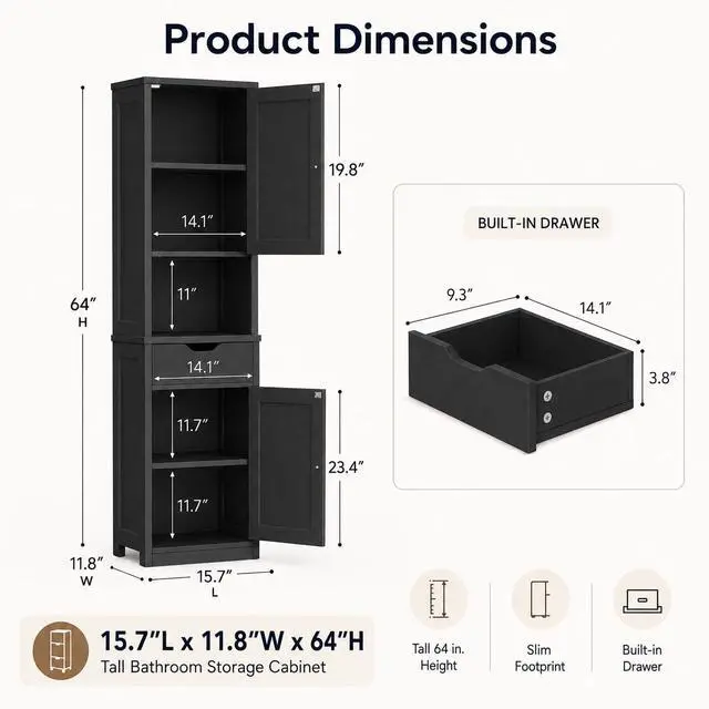 Alt view image 2 of 7 - Tall Bathroom Storage Cabinet with Freestanding Adjustable Shelves, Narrow Storage Linen Cabinet with 2 Doors and 1 Drawer for Bathroom, Living Room, Kitchen, Black