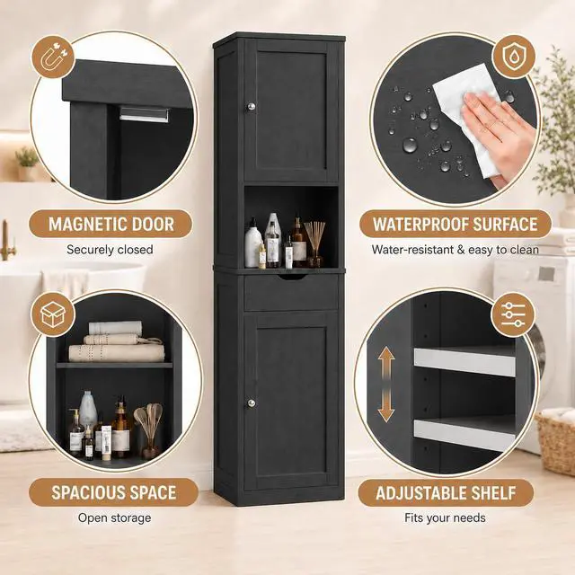 Alt view image 4 of 7 - Tall Bathroom Storage Cabinet with Freestanding Adjustable Shelves, Narrow Storage Linen Cabinet with 2 Doors and 1 Drawer for Bathroom, Living Room, Kitchen, Black