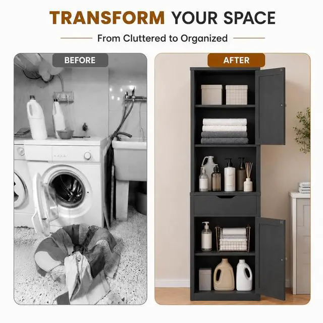 Alt view image 5 of 7 - Tall Bathroom Storage Cabinet with Freestanding Adjustable Shelves, Narrow Storage Linen Cabinet with 2 Doors and 1 Drawer for Bathroom, Living Room, Kitchen, Black