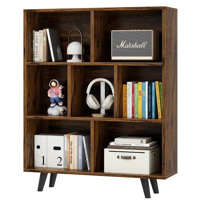 Alt view image 7 of 7 - 7 Cube Bookshelf, 3 Tier Mid-Century Modern Bookcase with Legs, Wooden Bookshelf Storage Organizer Display Bookcase for Bedroom, Living Room, Office, Rustic Brown