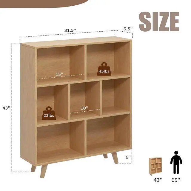 Alt view image 2 of 7 - 7 Cube Bookshelf, 3 Tier Mid-Century Modern Bookcase with Legs, Wooden Bookshelf Storage Organizer Display Bookcase for Bedroom, Living Room, Office, Natural