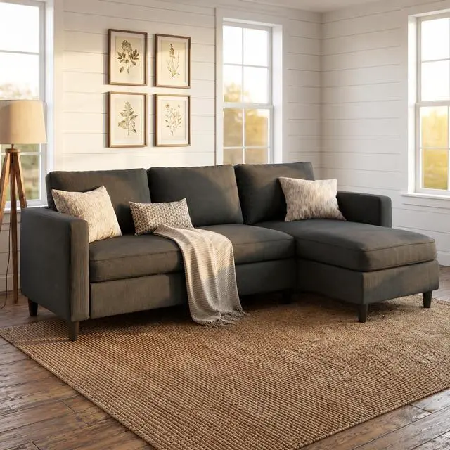Main image of L-Shaped Sectional Couch, Modern Grey Reversible Sectional Sofa with Reversible Ottoman, 3-Seat Compact Couches for Living Room Apartment, Studio & Office, Easy Assembly, Grey