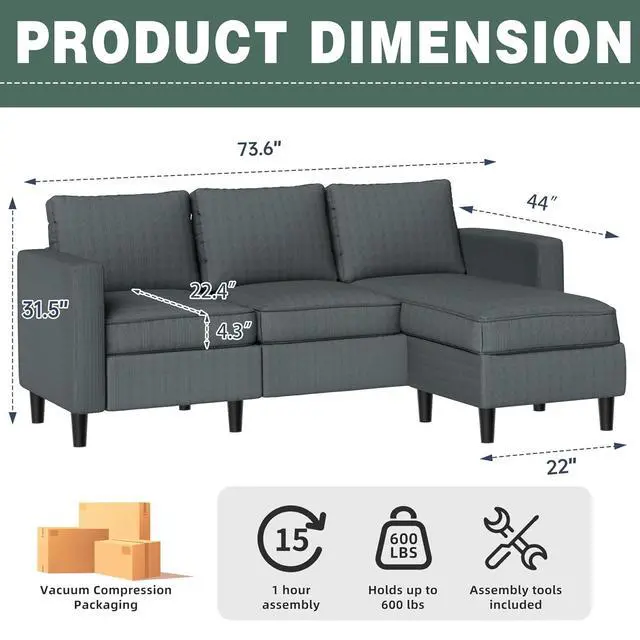 Alt view image 2 of 7 - L-Shaped Sectional Couch, Modern Grey Reversible Sectional Sofa with Reversible Ottoman, 3-Seat Compact Couches for Living Room Apartment, Studio & Office, Easy Assembly, Grey