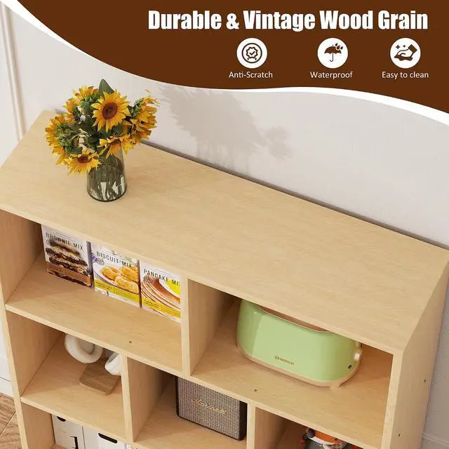 Alt view image 4 of 7 - 7 Cube Bookshelf, 3 Tier Mid-Century Modern Bookcase with Legs, Wooden Bookshelf Storage Organizer Display Bookcase for Bedroom, Living Room, Office, Natural