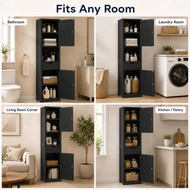 Alt view image 6 of 7 - Tall Bathroom Storage Cabinet with Freestanding Adjustable Shelves, Narrow Storage Linen Cabinet with 2 Doors and 1 Drawer for Bathroom, Living Room, Kitchen, Black