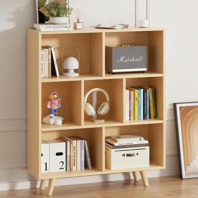 Alt view image 3 of 7 - 7 Cube Bookshelf, 3 Tier Mid-Century Modern Bookcase with Legs, Wooden Bookshelf Storage Organizer Display Bookcase for Bedroom, Living Room, Office, Natural