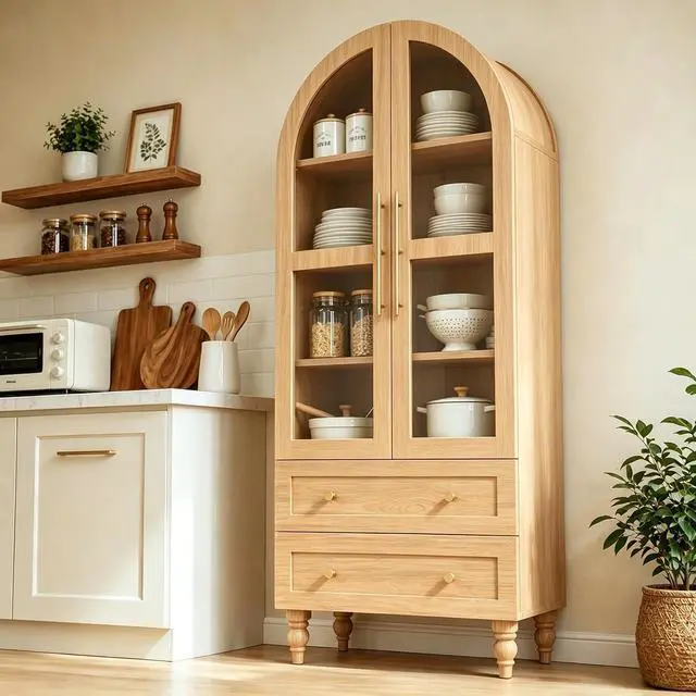 Main image of 71" Tall Arched Kitchen Pantry Storage Cabinet with Glass Doors, 2 Large Drawers, 6-Tier Tall Rustic Wood Cupboard Locker for Kitchen, Dining Room, Living Room, Bathroom,Natural