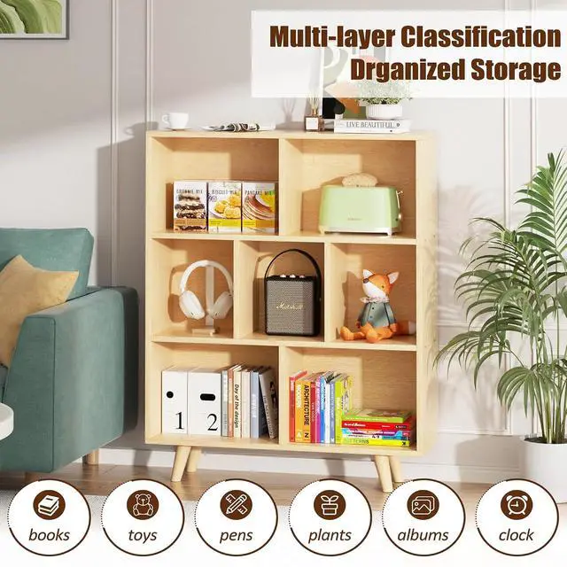 Alt view image 5 of 7 - 7 Cube Bookshelf, 3 Tier Mid-Century Modern Bookcase with Legs, Wooden Bookshelf Storage Organizer Display Bookcase for Bedroom, Living Room, Office, Natural