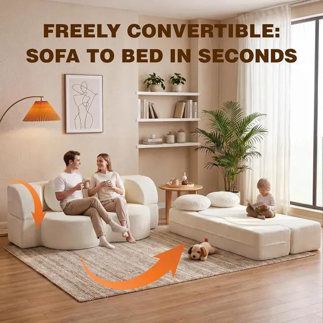 Alt view image 6 of 7 - 77 Convertible Sofa Bed, Folding Boneless Couch, Floor Sofa 2-in-1 Curved Couch for Small Living Room, Apartment, Guest Room, White