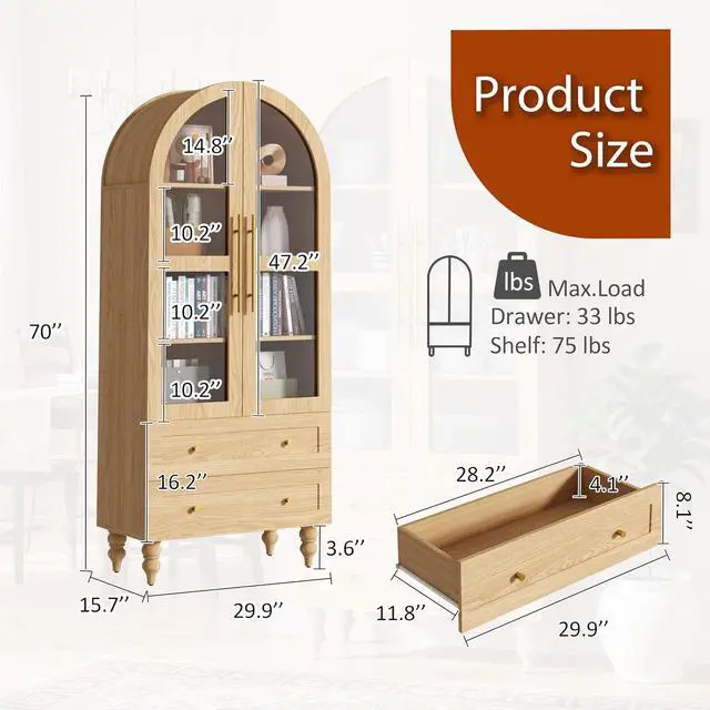 Alt view image 2 of 7 - 71" Tall Arched Kitchen Pantry Storage Cabinet with Glass Doors, 2 Large Drawers, 6-Tier Tall Rustic Wood Cupboard Locker for Kitchen, Dining Room, Living Room, Bathroom,Natural