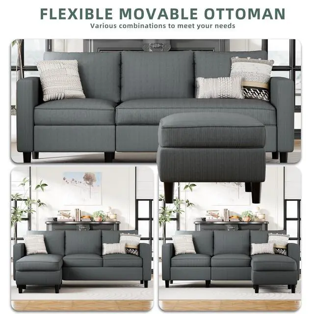 Alt view image 4 of 7 - L-Shaped Sectional Couch, Modern Grey Reversible Sectional Sofa with Reversible Ottoman, 3-Seat Compact Couches for Living Room Apartment, Studio & Office, Easy Assembly, Grey