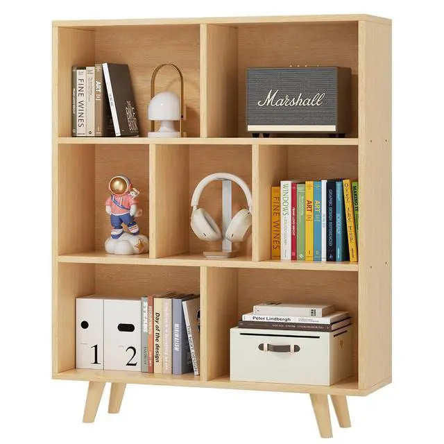 Alt view image 7 of 7 - 7 Cube Bookshelf, 3 Tier Mid-Century Modern Bookcase with Legs, Wooden Bookshelf Storage Organizer Display Bookcase for Bedroom, Living Room, Office, Natural