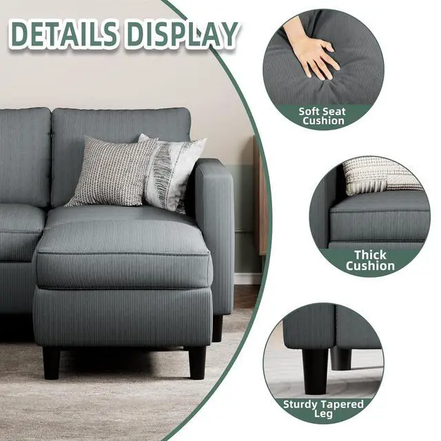 Alt view image 5 of 7 - L-Shaped Sectional Couch, Modern Grey Reversible Sectional Sofa with Reversible Ottoman, 3-Seat Compact Couches for Living Room Apartment, Studio & Office, Easy Assembly, Grey
