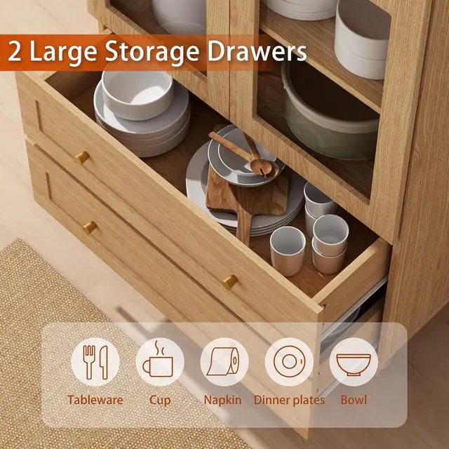 Alt view image 3 of 7 - 71" Tall Arched Kitchen Pantry Storage Cabinet with Glass Doors, 2 Large Drawers, 6-Tier Tall Rustic Wood Cupboard Locker for Kitchen, Dining Room, Living Room, Bathroom,Natural