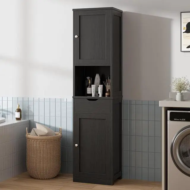 Alt view image 7 of 7 - Tall Bathroom Storage Cabinet with Freestanding Adjustable Shelves, Narrow Storage Linen Cabinet with 2 Doors and 1 Drawer for Bathroom, Living Room, Kitchen, Black