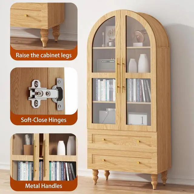 Alt view image 4 of 7 - 71" Tall Arched Kitchen Pantry Storage Cabinet with Glass Doors, 2 Large Drawers, 6-Tier Tall Rustic Wood Cupboard Locker for Kitchen, Dining Room, Living Room, Bathroom,Natural