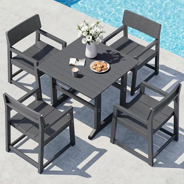 Main image of 5 Pieces Patio Dining Set, All Weather Outdoor HDPE Dining Furniture Set with Table and Chairs for 4, Garden Patio Furniture Set for Lawn, Backyard, Poolside, Grey