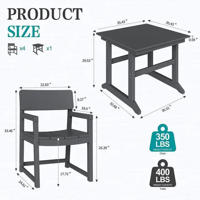 Alt view image 2 of 7 - 5 Pieces Patio Dining Set, All Weather Outdoor HDPE Dining Furniture Set with Table and Chairs for 4, Garden Patio Furniture Set for Lawn, Backyard, Poolside, Grey