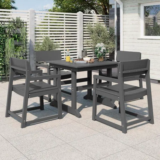 Alt view image 3 of 7 - 5 Pieces Patio Dining Set, All Weather Outdoor HDPE Dining Furniture Set with Table and Chairs for 4, Garden Patio Furniture Set for Lawn, Backyard, Poolside, Grey