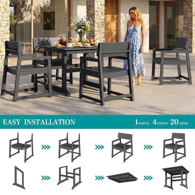Alt view image 7 of 7 - 5 Pieces Patio Dining Set, All Weather Outdoor HDPE Dining Furniture Set with Table and Chairs for 4, Garden Patio Furniture Set for Lawn, Backyard, Poolside, Grey