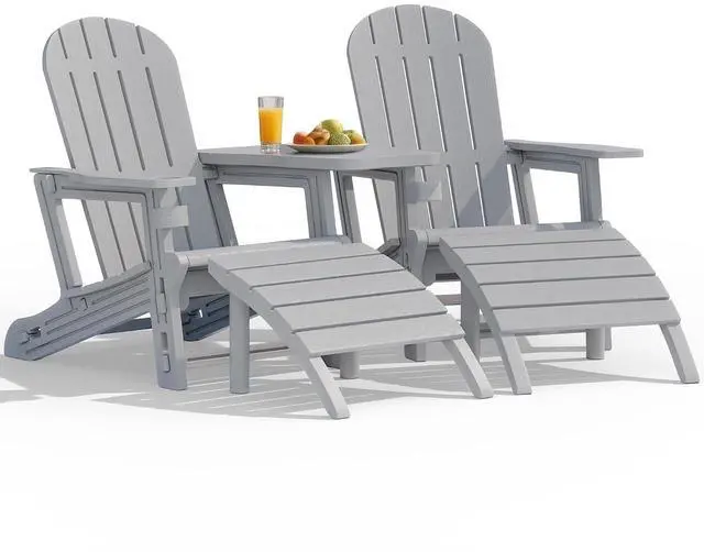 Main image of Adirondack Chairs Set of 2 with Removable Tabletop and Footrest, HDPE Plastic Outdoor Chair Set with Wooden Textured, Cup Holder for Patio, Poolside, Garden, Light Grey, 5 Pieces