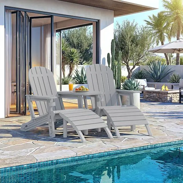 Alt view image 2 of 7 - Adirondack Chairs Set of 2 with Removable Tabletop and Footrest, HDPE Plastic Outdoor Chair Set with Wooden Textured, Cup Holder for Patio, Poolside, Garden, Light Grey, 5 Pieces